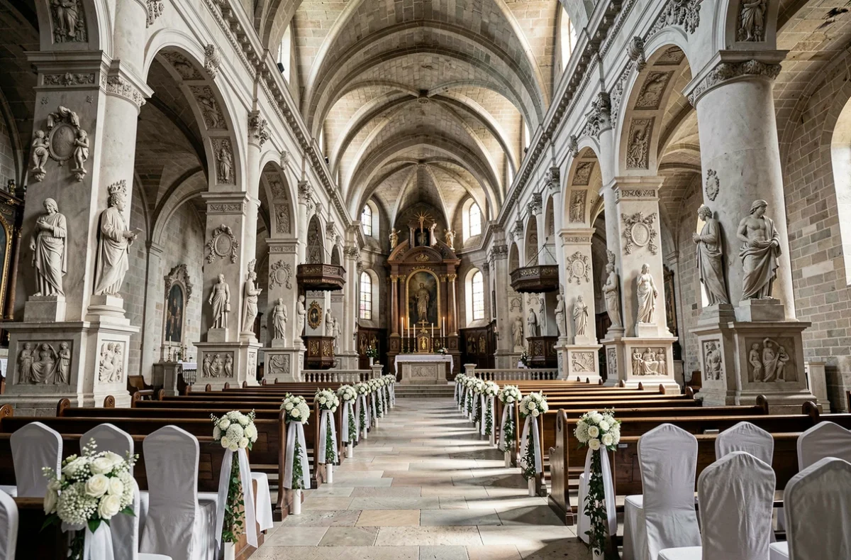 Nef baroque de l'Abbaye des Prémontrés décorée pour une cérémonie de mariage