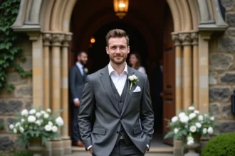 Acteur jouant le futur marié dans Le Nounou mariage, en costume gris devant une église en pierre