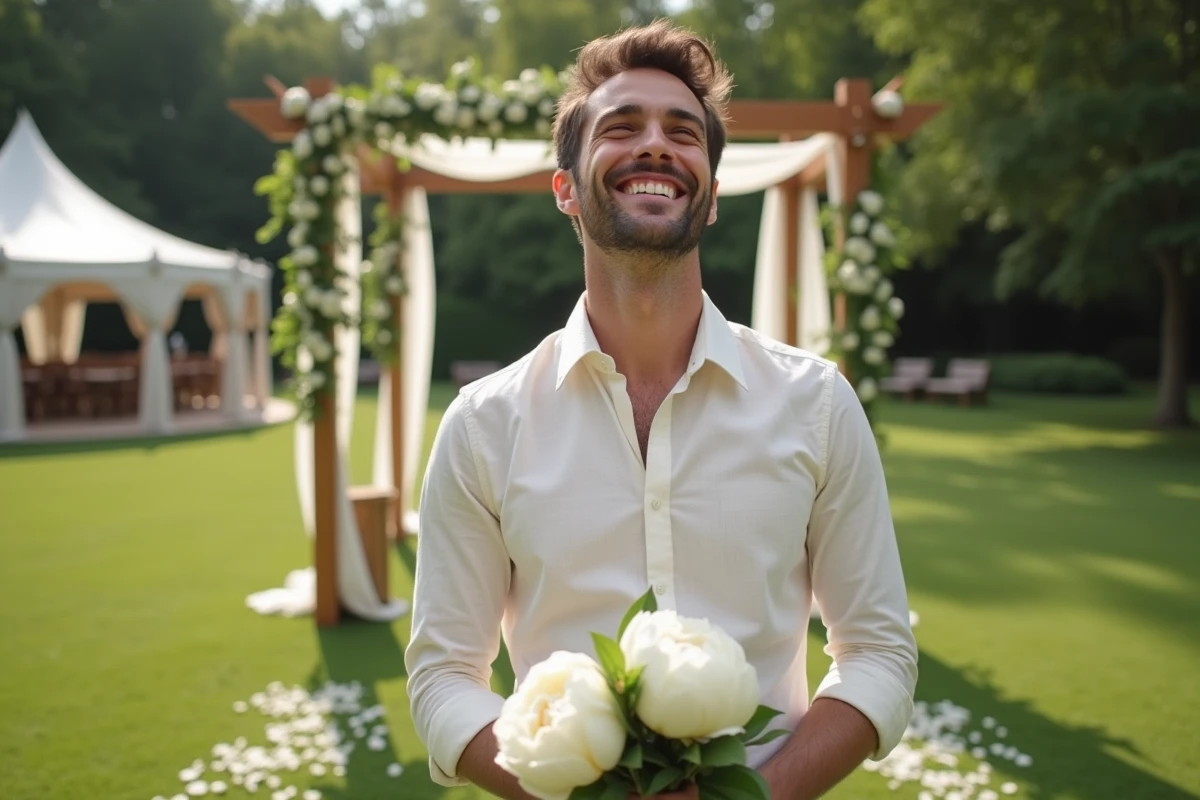 Acteur du Nounou mariage tenant un bouquet de pivoines dans un jardin décoré pour une cérémonie de mariage