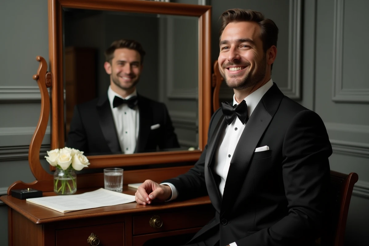 Acteur de la série Le Nounou mariage en smoking noir dans une loge de tournage, souriant face au miroir