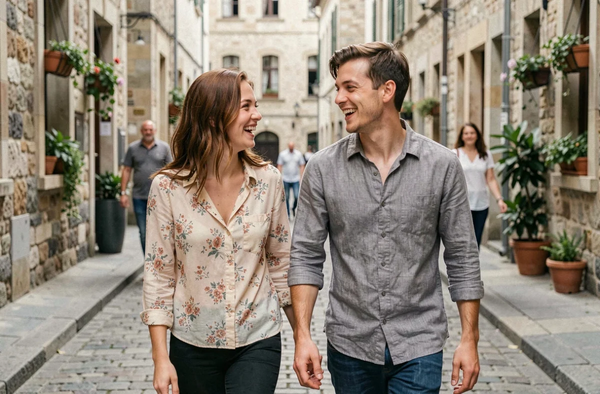 Couple complice se promenant et riant dans une rue pavée, scène de vie quotidienne et familiale