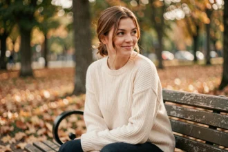 Jeune femme souriante assise dans un parc en automne, ambiance familiale et décontractée