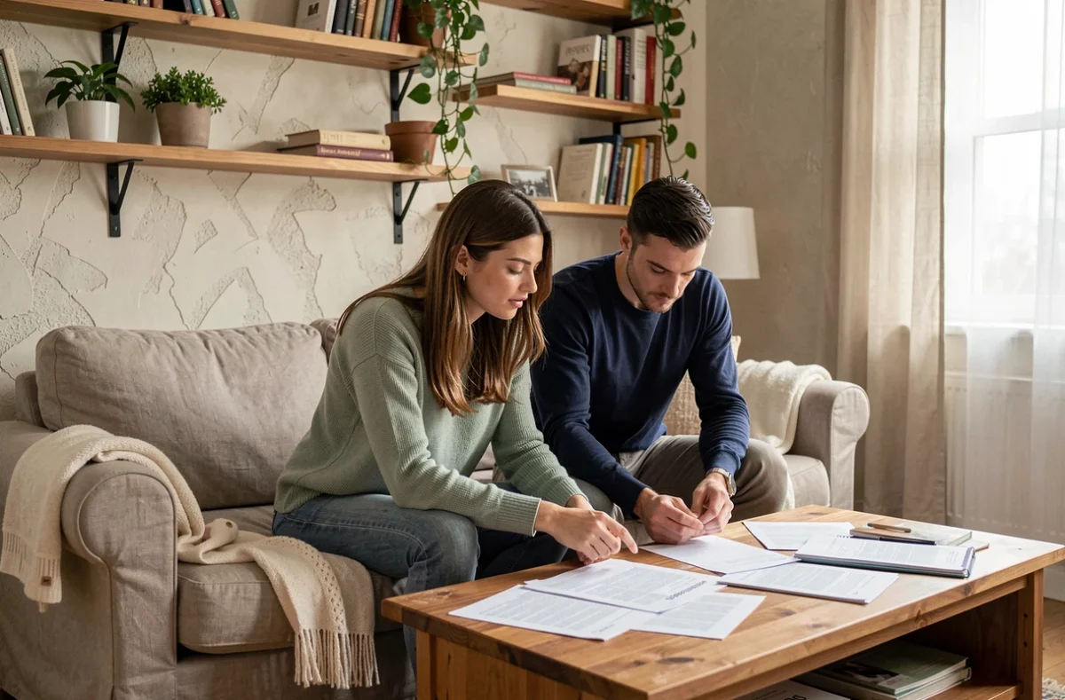 Couple dans un salon cosy entouré d'objets du quotidien, atmosphère de jeune famille moderne