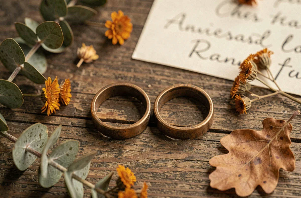 Alliances en bronze posées sur bois ancien entourées de botaniques séchées pour les noces de bronze 22 ans