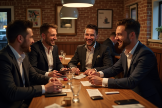 Groupe d'amis riant autour d'une table dans un restaurant chaleureux