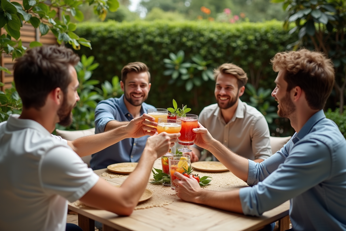Groupe d amis levant des verres dans un jardin en terrasse