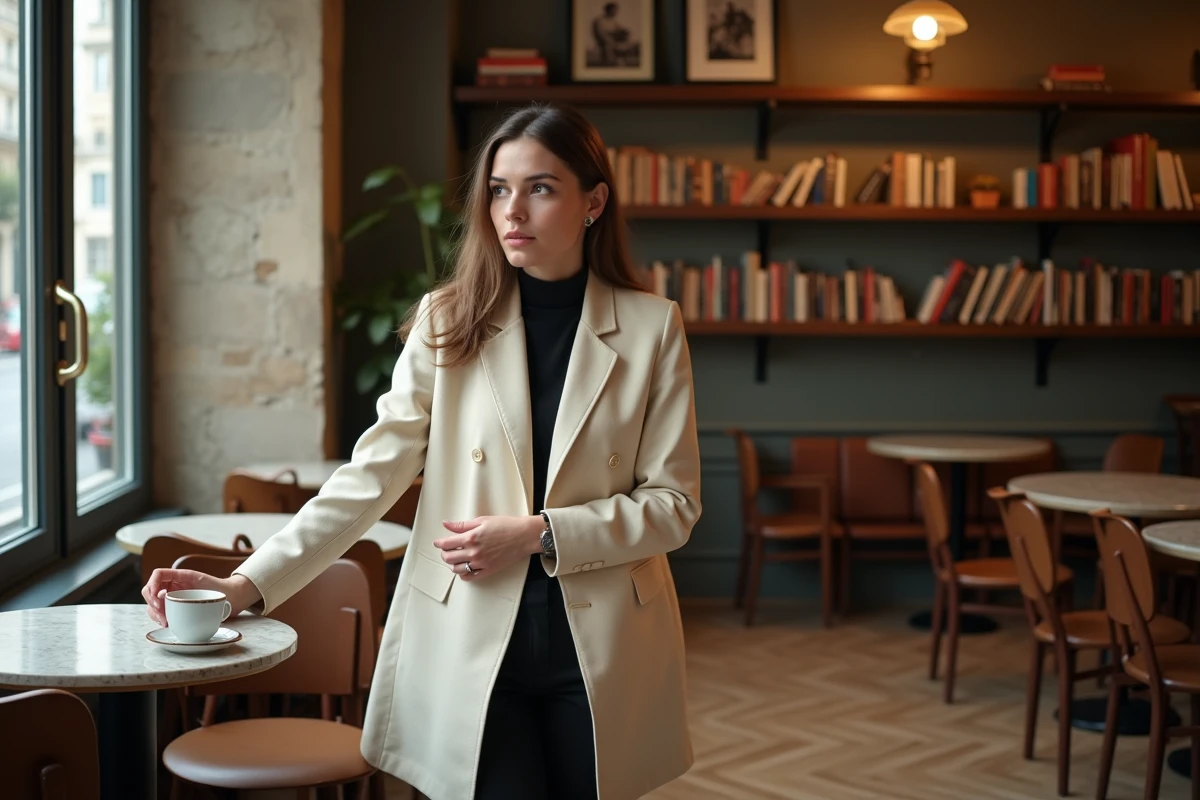 Juriste française en conversation dans un café parisien, atmosphère chaleureuse et intellectuelle, ambiance interview décontractée
