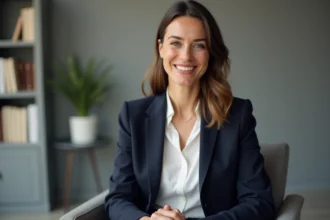 Femme juriste française en entretien presse, vêtue d'un blazer marine, posture assurée dans un studio éditorial épuré