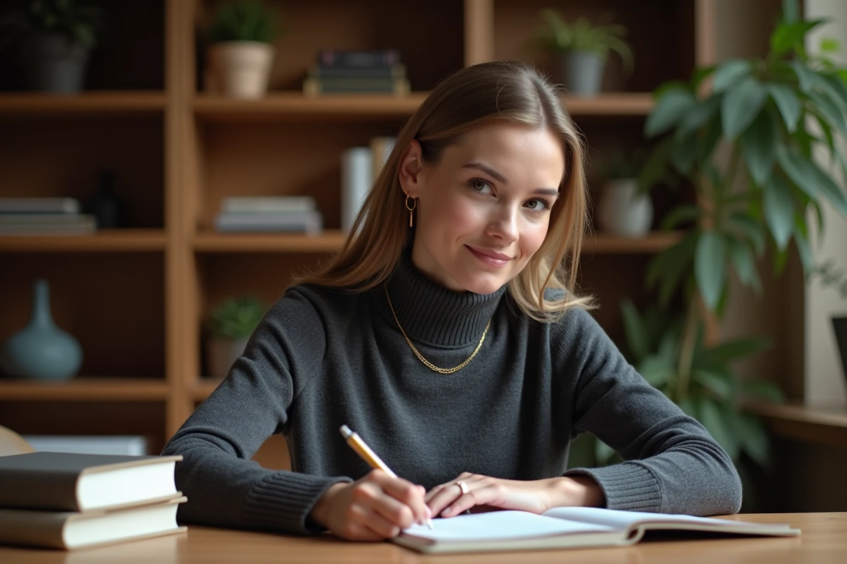 Femme juriste et personnalité publique française dans son bureau privé, expression réflexive et authentique, portrait intimiste pour magazine