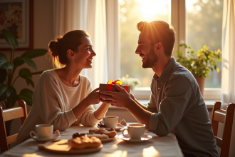 Couple heureux célébrant leur anniversaire à la maison