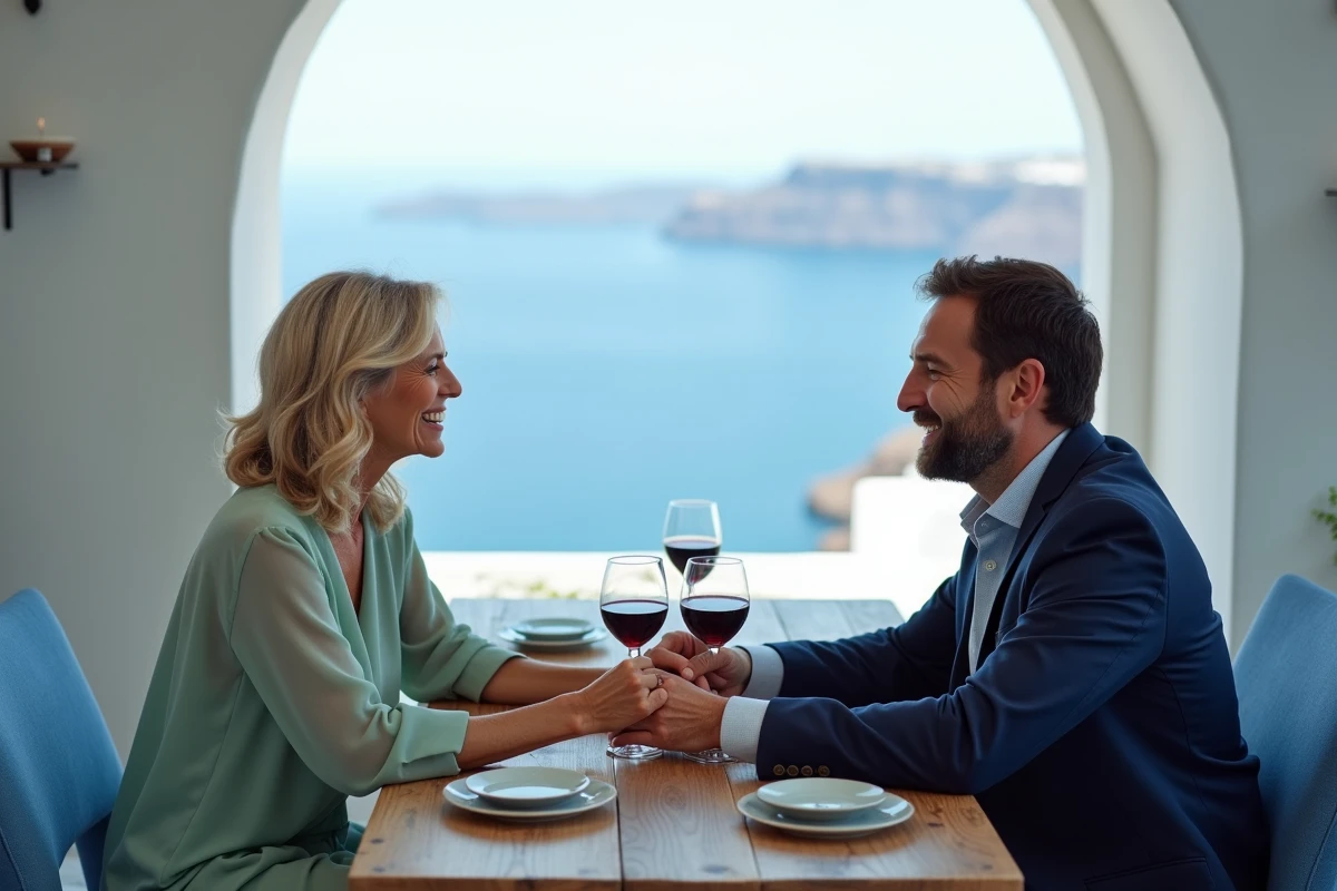 Couple d'une cinquantaine d'années fêtant leurs noces de mousseline dans un restaurant en bord de falaise à Santorin, verres de vin et mains enlacées