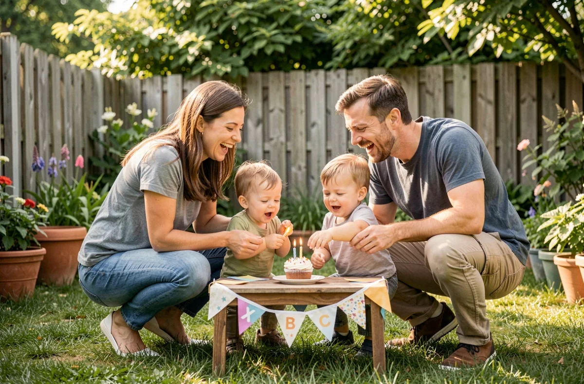 Famille célébrant le deuxième anniversaire de mariage dans le jardin avec des tout-petits soufflant des bougies sur un cupcake décoratif en plein air