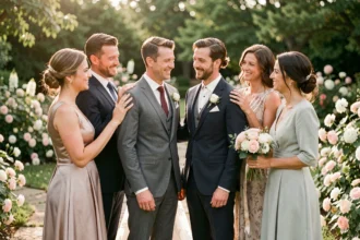 Mariés annonçant leur choix de témoins à deux amis proches dans un jardin fleuri lors d'une journée de mariage