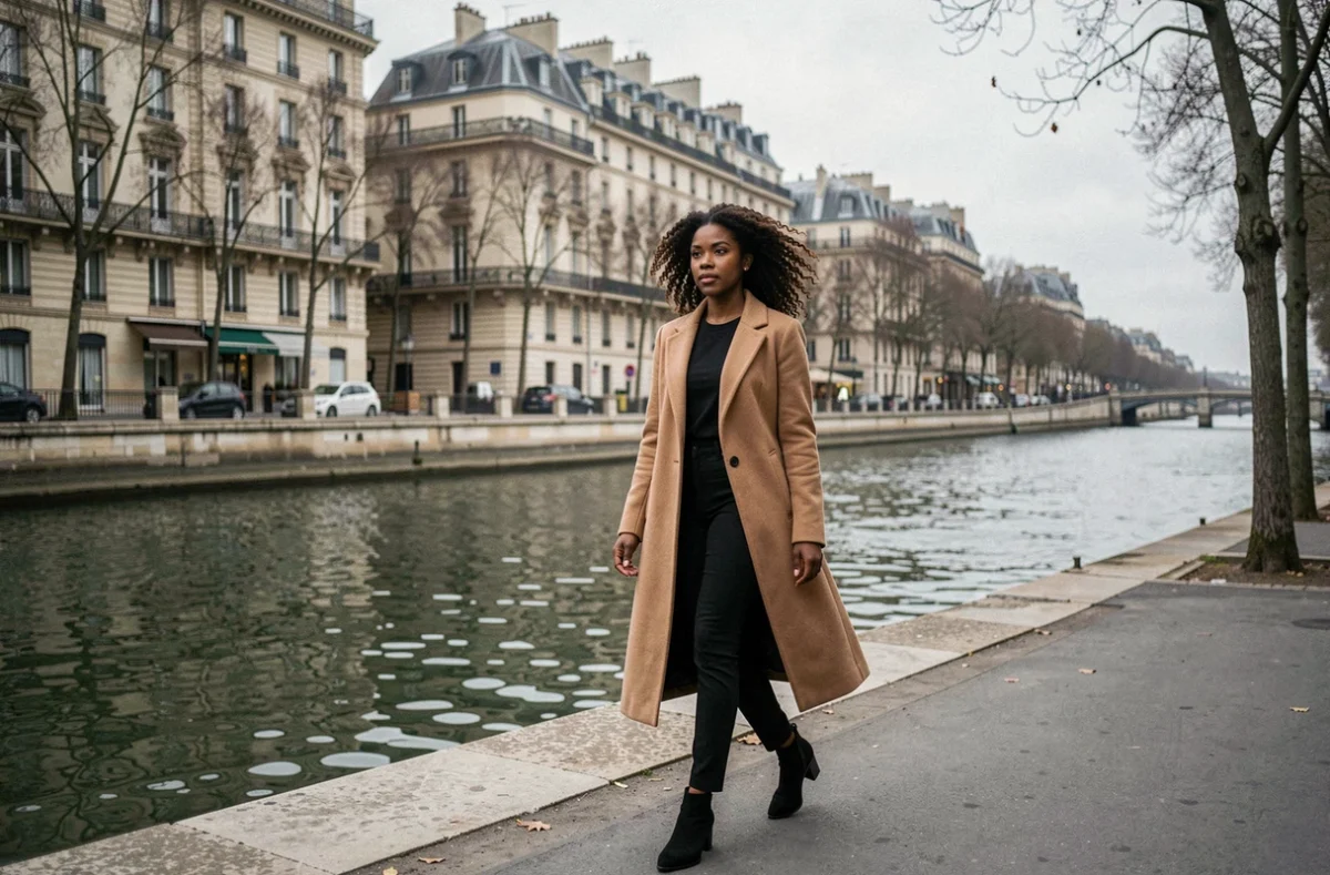 Femme artiste marchant au bord de la Seine à Paris, manteau camel et ambiance éditoriale automnale