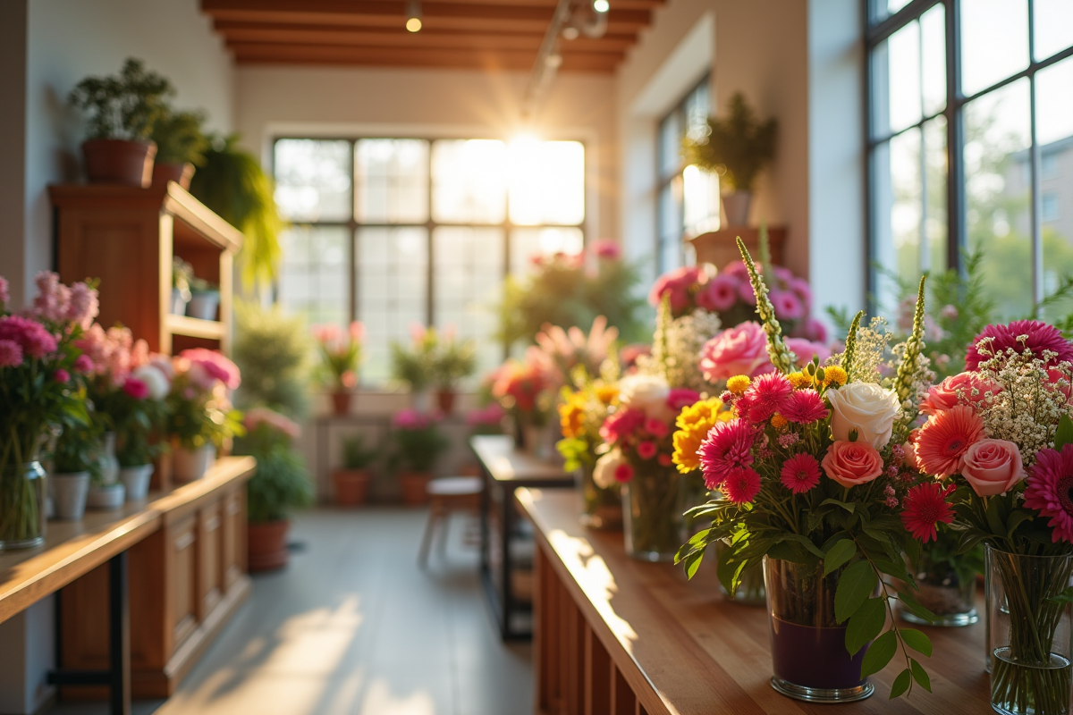 Fleuriste arrangeant des fleurs de mariage dans un atelier lumineux