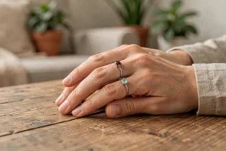 Deux mains entrelacées portant des bagues assorties en couple avec pierres de naissance, garnet et aigue-marine, sur une table en bois rustique