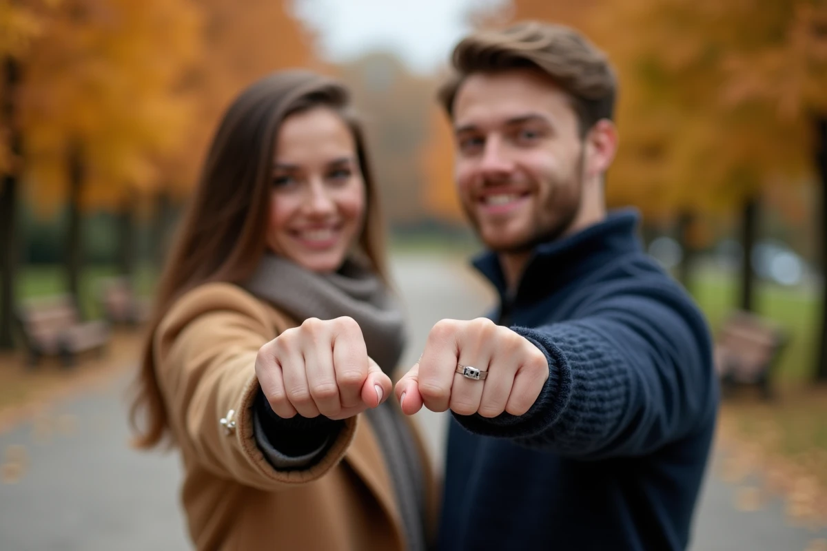 Couple portant des bagues assorties discrètes en argent dans un parc en automne