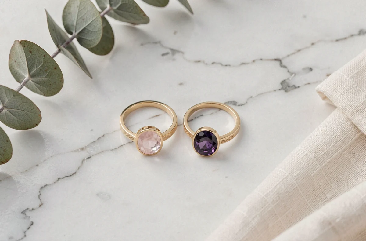 Deux bagues assorties en couple avec pierres de naissance quartz rose et améthyste posées sur marbre blanc dans un cadre styling minimaliste