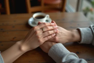 Deux mains entrelacées portant des bagues duo couple discrètes en or sur une table de café en bois