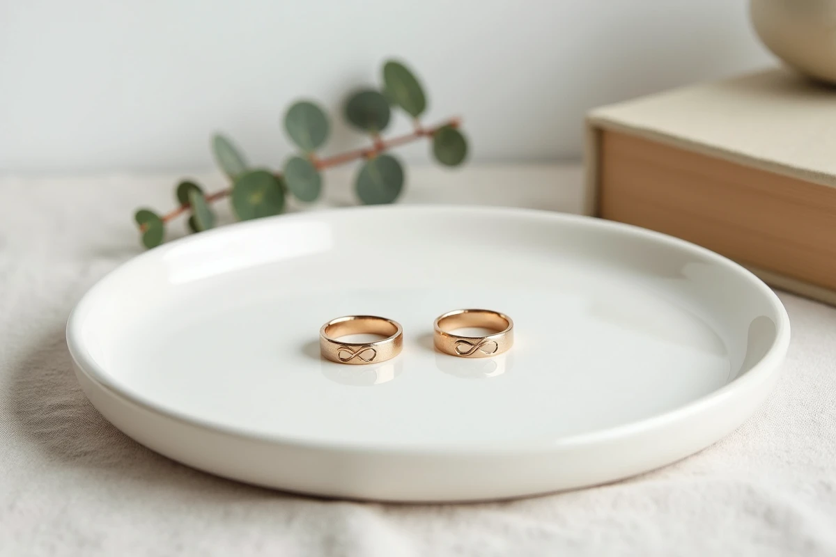 Bagues duo couple discrètes posées sur un plateau en céramique blanche dans un intérieur minimaliste