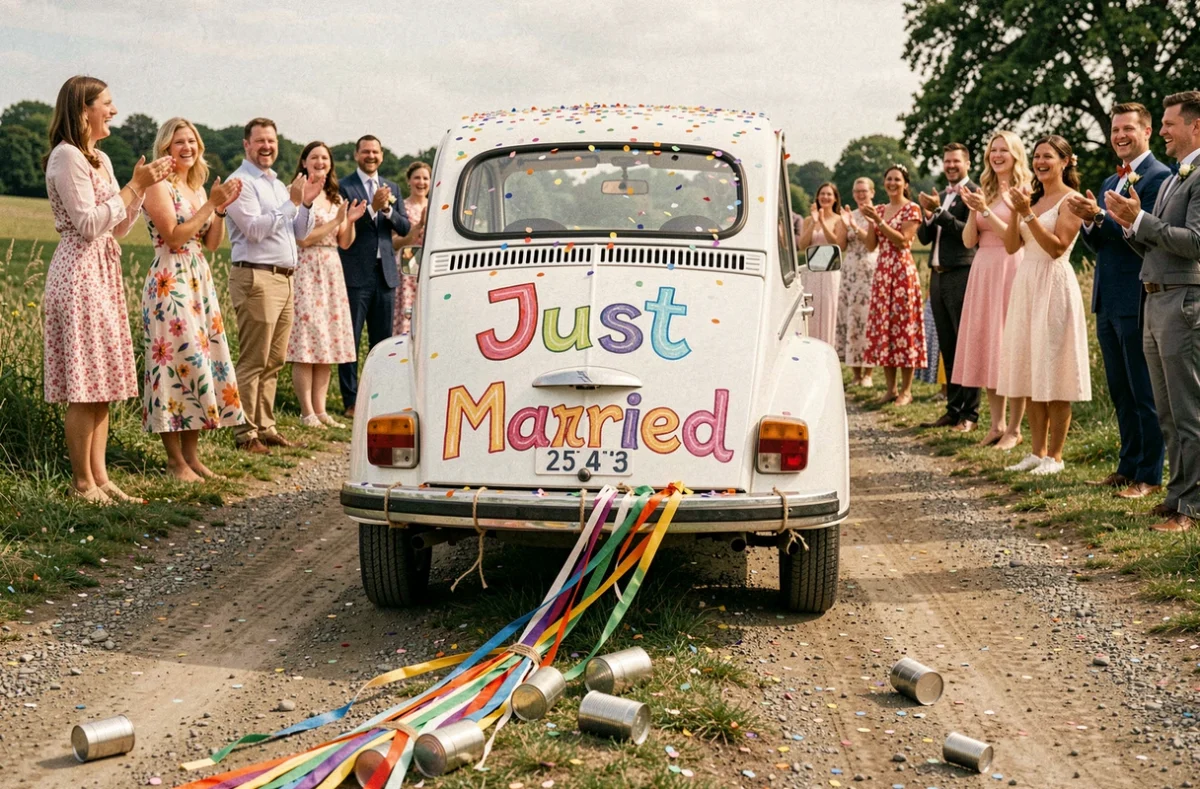 Voiture de mariage déjantée avec des boîtes de conserve et des serpentins colorés sur une route de campagne