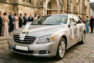 Voiture de mariage décorée avec des rubans blancs élégants et un bouquet de roses devant une église en pierre