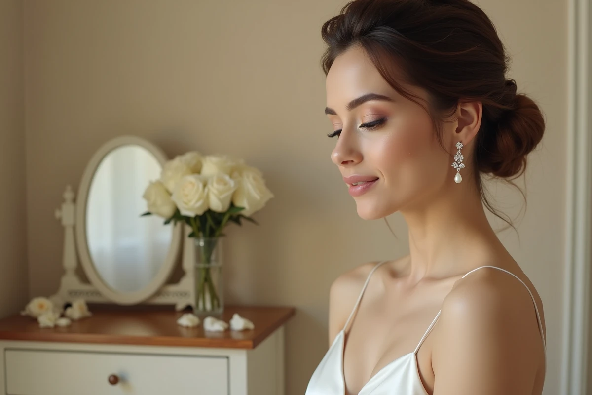 Mariée portant une boucle d'oreille pendante en argent avec perle, portrait close-up en robe de mariée ivoire