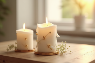 Bougies blanches élégantes avec accents dorés sur une table en bois