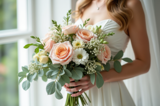 Bouquet de mariage élégant tenu par une mariée en robe blanche