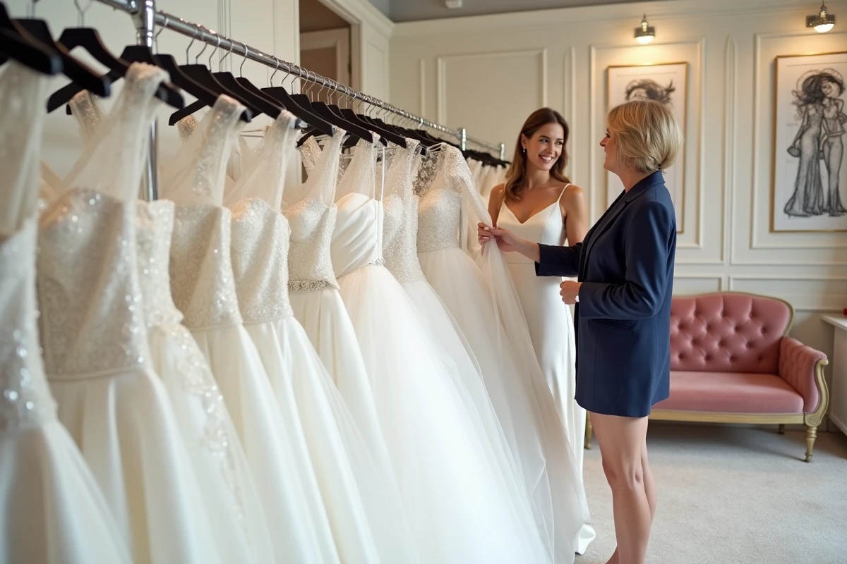 Consultante en boutique de mariage présentant une robe de mariée à une future mariée devant un miroir en triptyque dans un espace élégant