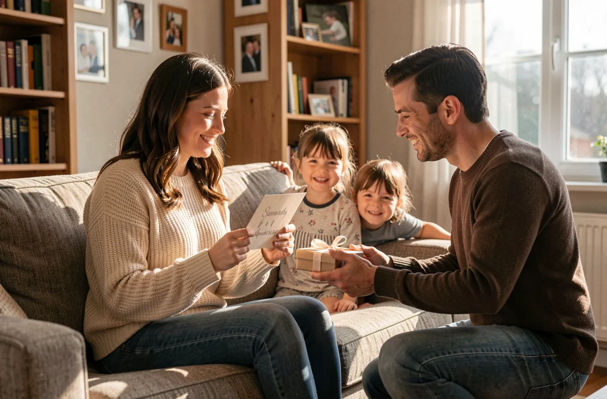 Femme recevant un cadeau d'anniversaire de mariage de son mari dans le salon pendant que leurs enfants regardent avec curiosité depuis le canapé