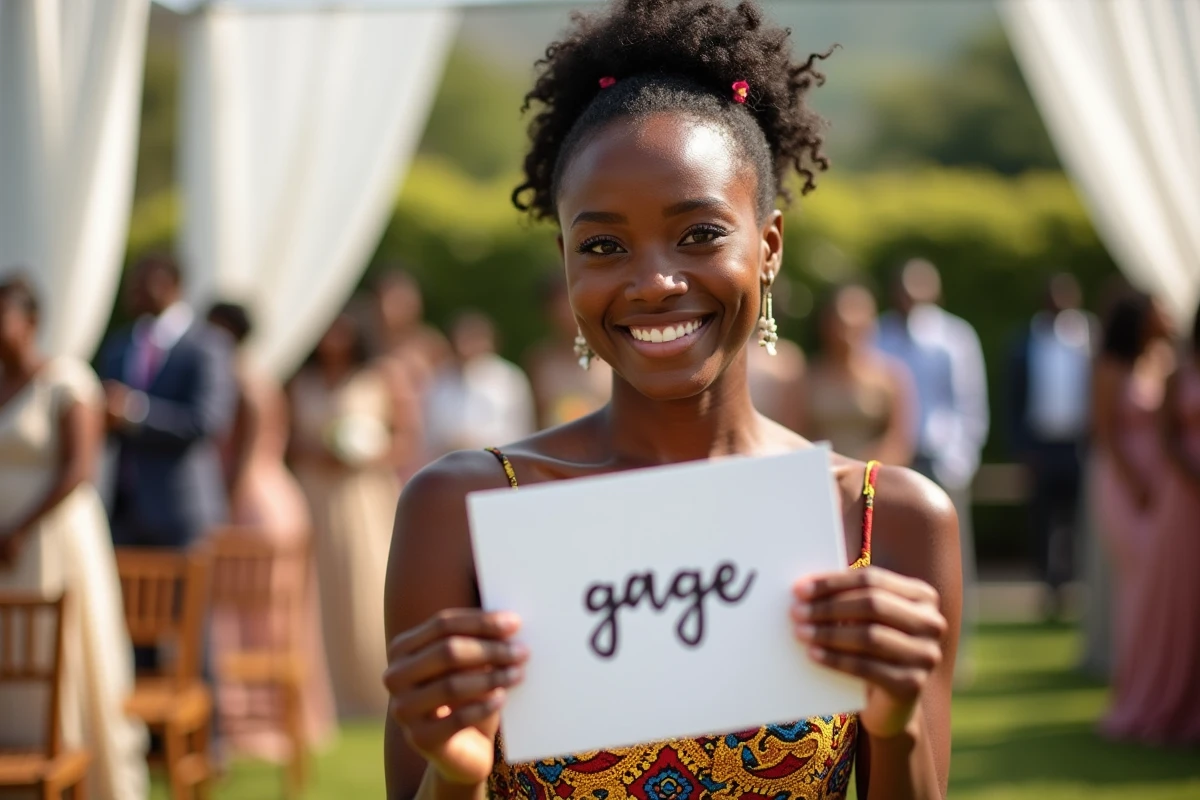 Invitée d'un mariage mixte tenant une carte de gage du jeu des douze mois avec une expression joyeuse lors d'une cérémonie en plein air