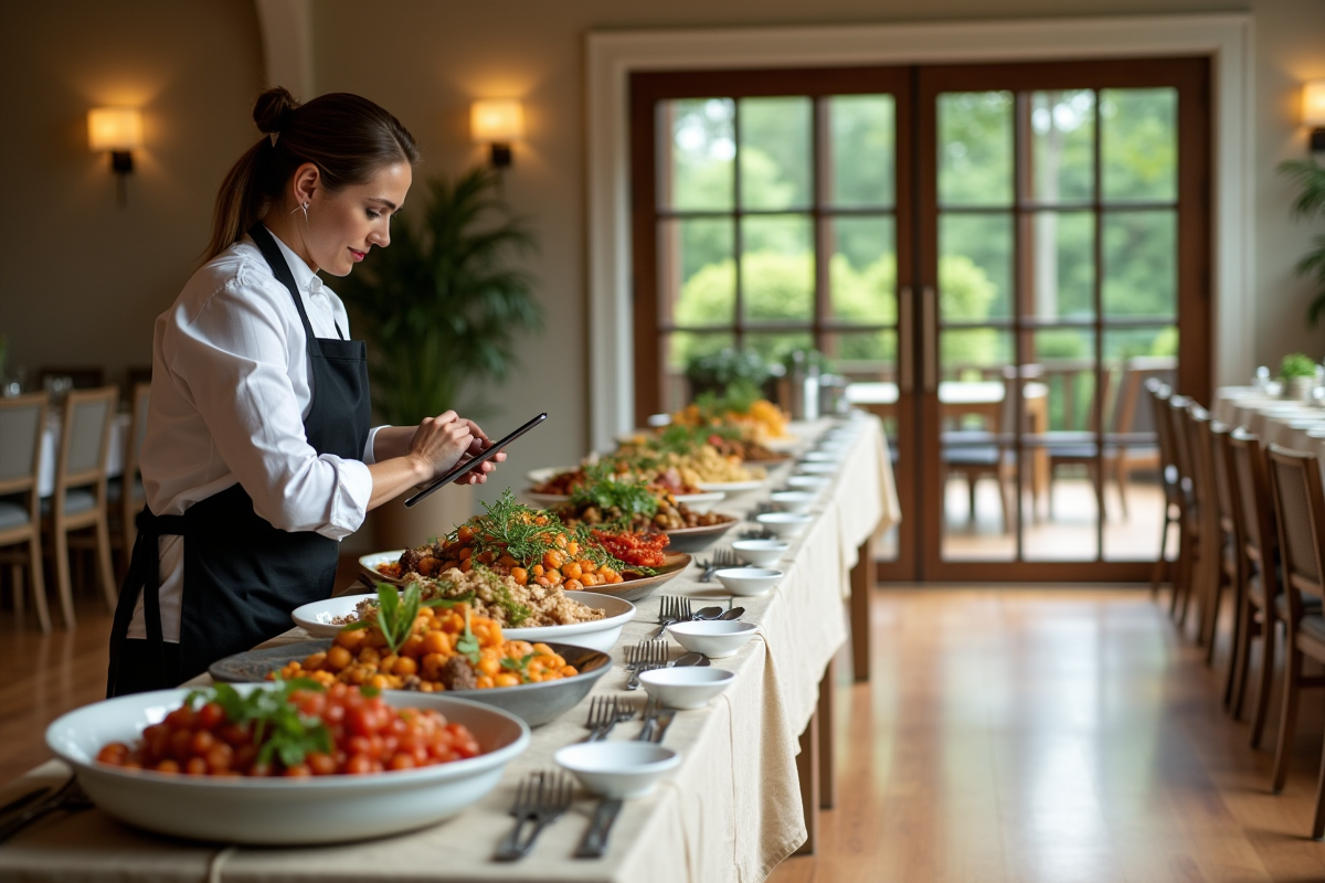 Caterer femme préparant un buffet lors d