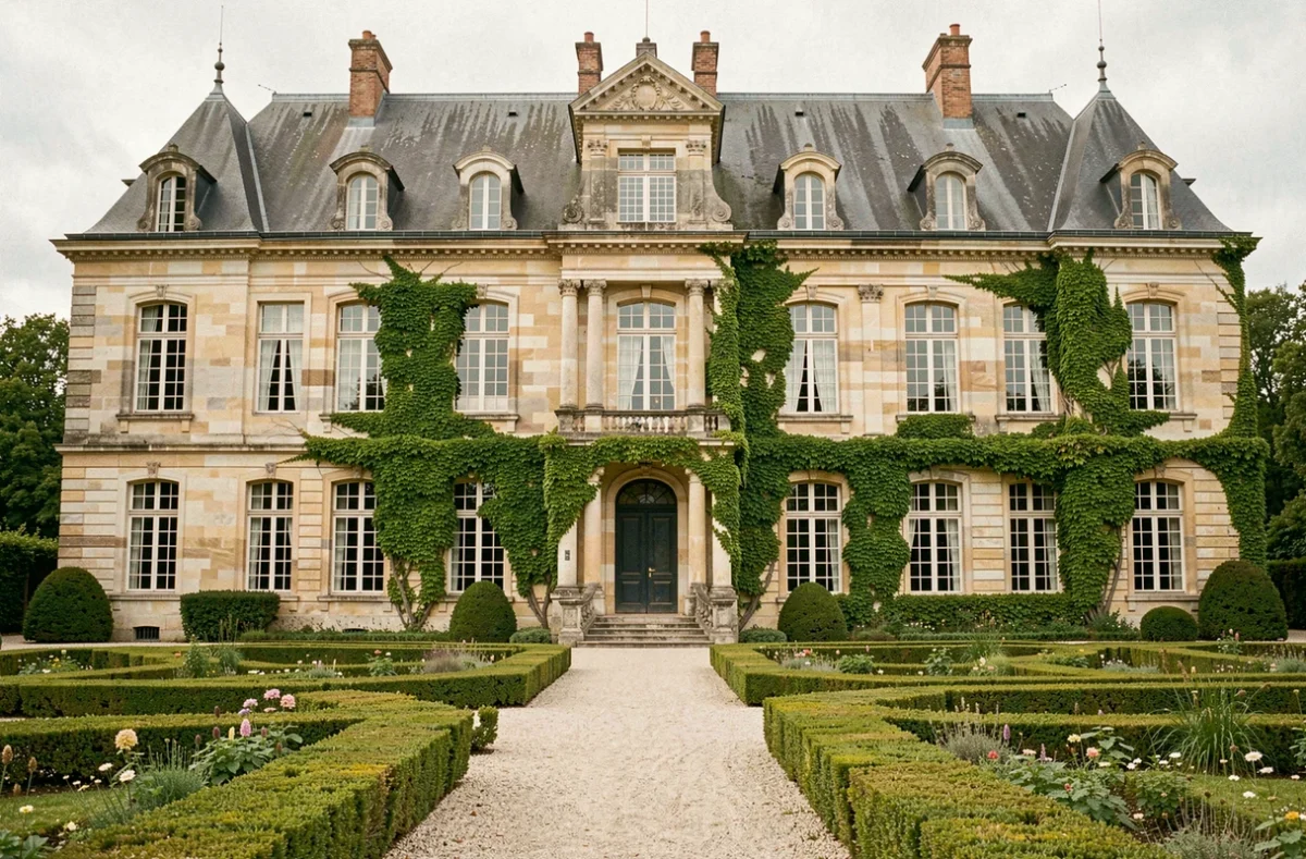Façade historique du Château d'Art-sur-Meurthe entourée d'un jardin à la française