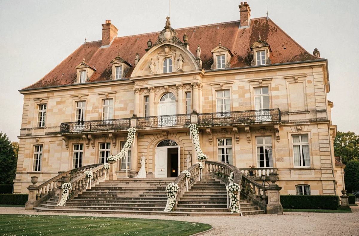 Façade du Château Ernest ornée de fleurs blanches pour un mariage en Lorraine