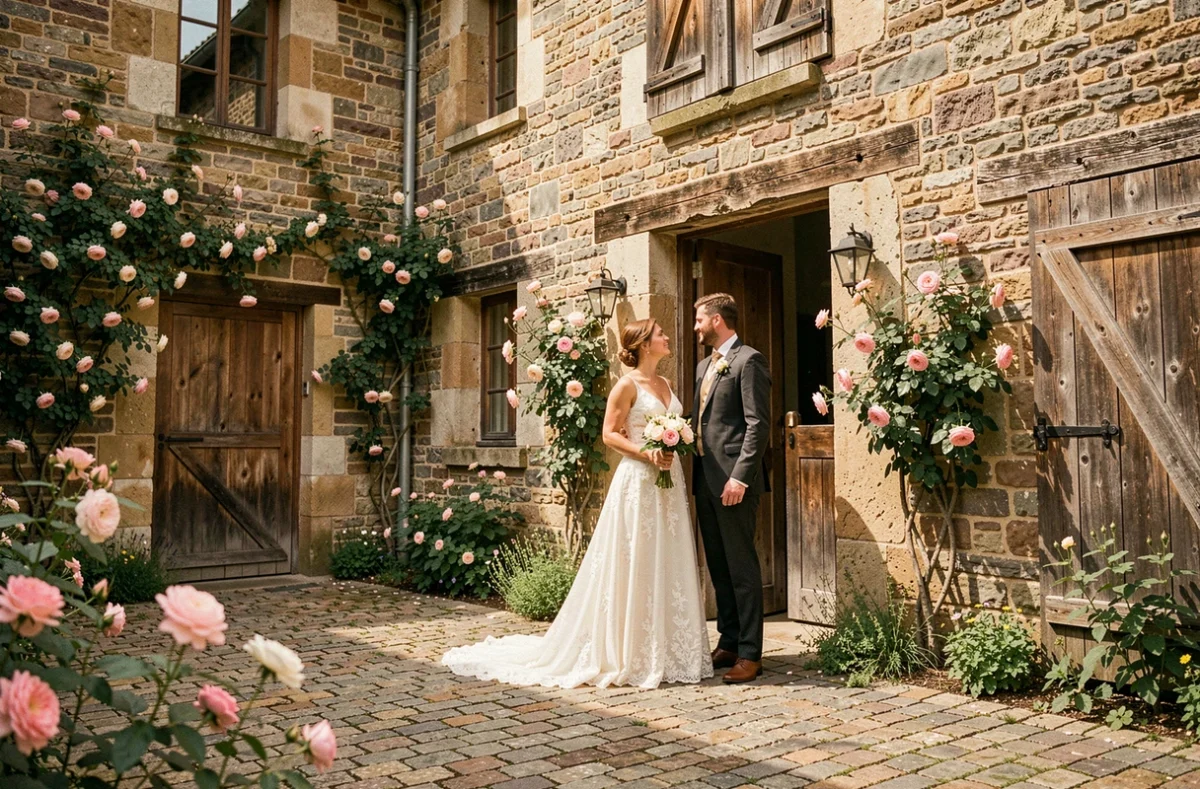 Cour intérieure champêtre du Château Ferme d'Aboncourt avec couple de mariés
