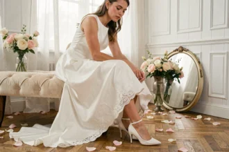 Mariée assise enfilant des escarpins blancs à talon aiguille avec une robe de mariée en satin dans un salon de coiffure élégant