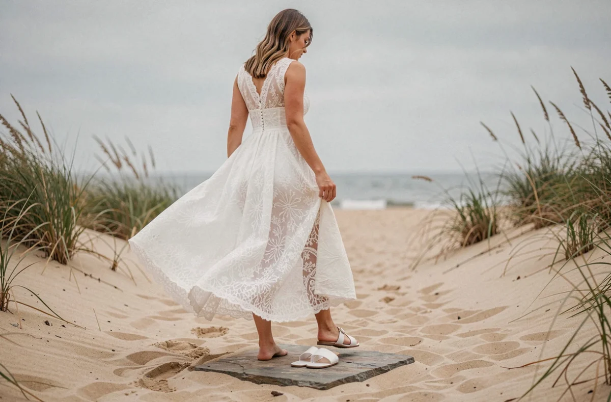 Mariée en robe bohème en dentelle blanche se préparant à enfiler des sandales plates blanches sur une plage naturelle