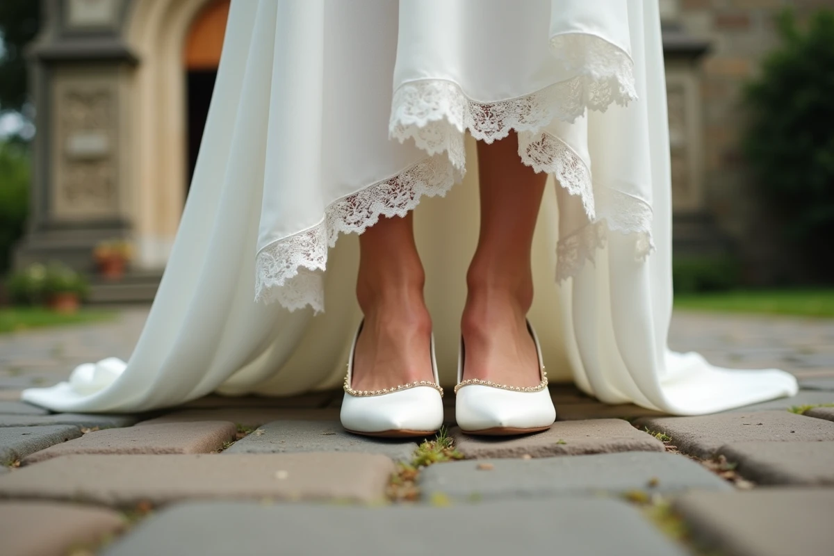 Détail des chaussures de mariage sur un chemin pavé