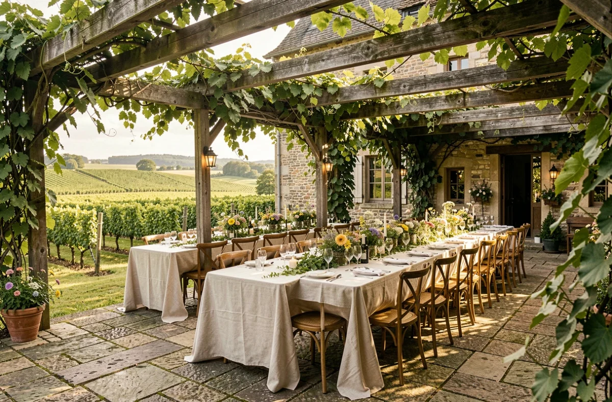 Cour viticole du Clos Jeannon en Lorraine décorée pour un mariage en plein air