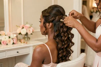 Coiffeuse professionnelle travaillant sur les boucles naturelles d'une demoiselle d'honneur dans une suite nuptiale élégante