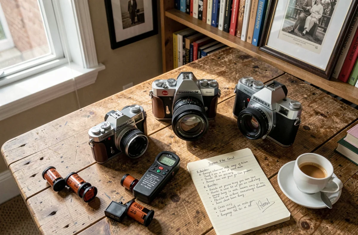 Collection d'appareils photo argentiques analogiques posés sur un bureau en chêne avec pellicules et posemètre