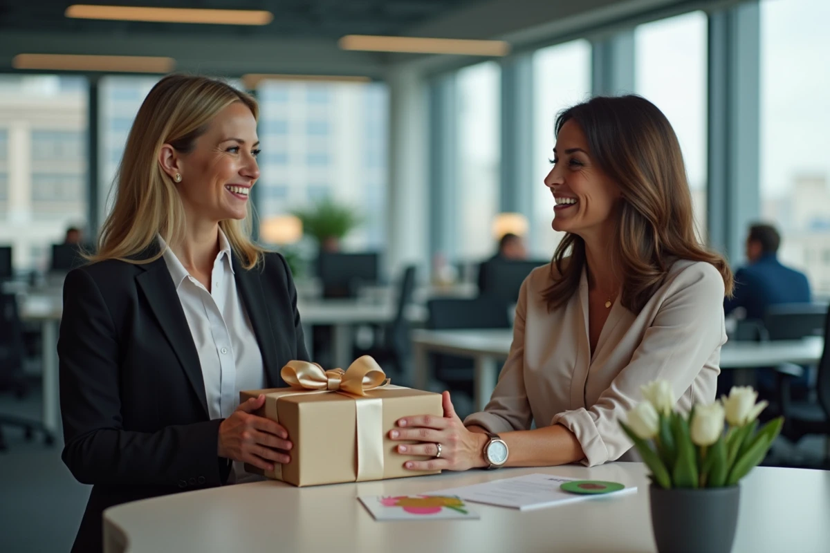 Collègues de bureau offrant un cadeau de PACS à une collègue émue dans un open space moderne