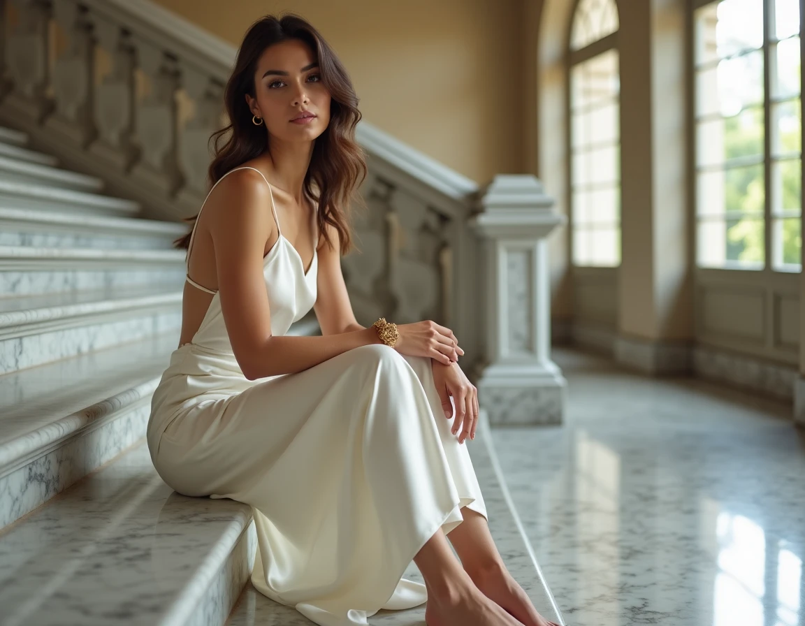 Mariée en combinaison blanche en satin assise sur un escalier en marbre dans un lieu de réception classique, look de mariage sophistiqué