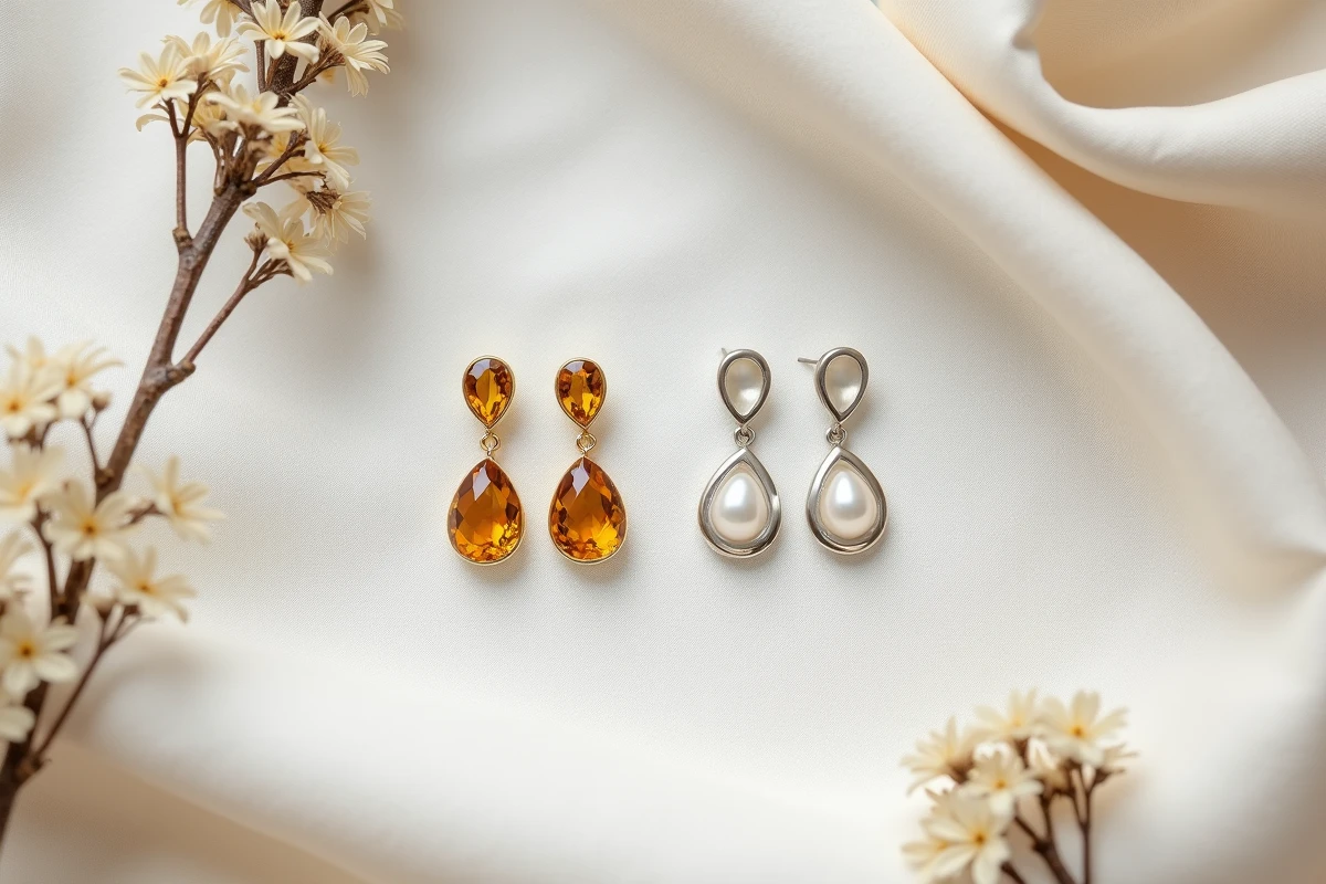 Comparaison de boucles d'oreilles pendantes mariage en or jaune et en argent, photo à plat sur lin écru