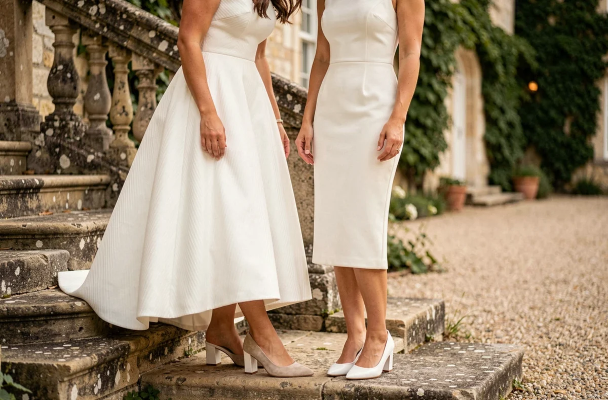 Deux mariées comparant leurs chaussures de mariage blanches à talon bloc et à talon bas sur des marches en pierre d'un château français