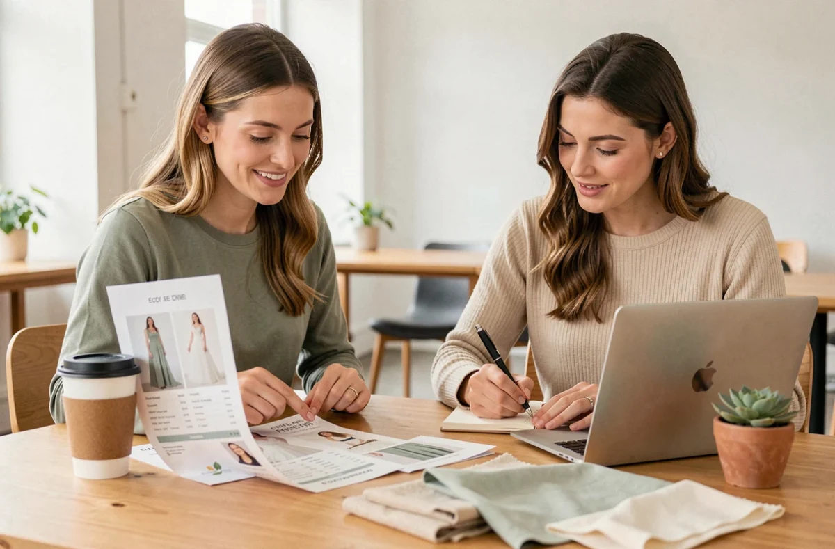 Deux femmes comparant des prix de robes de mariées éco-responsables avec brochures et échantillons de tissu naturel