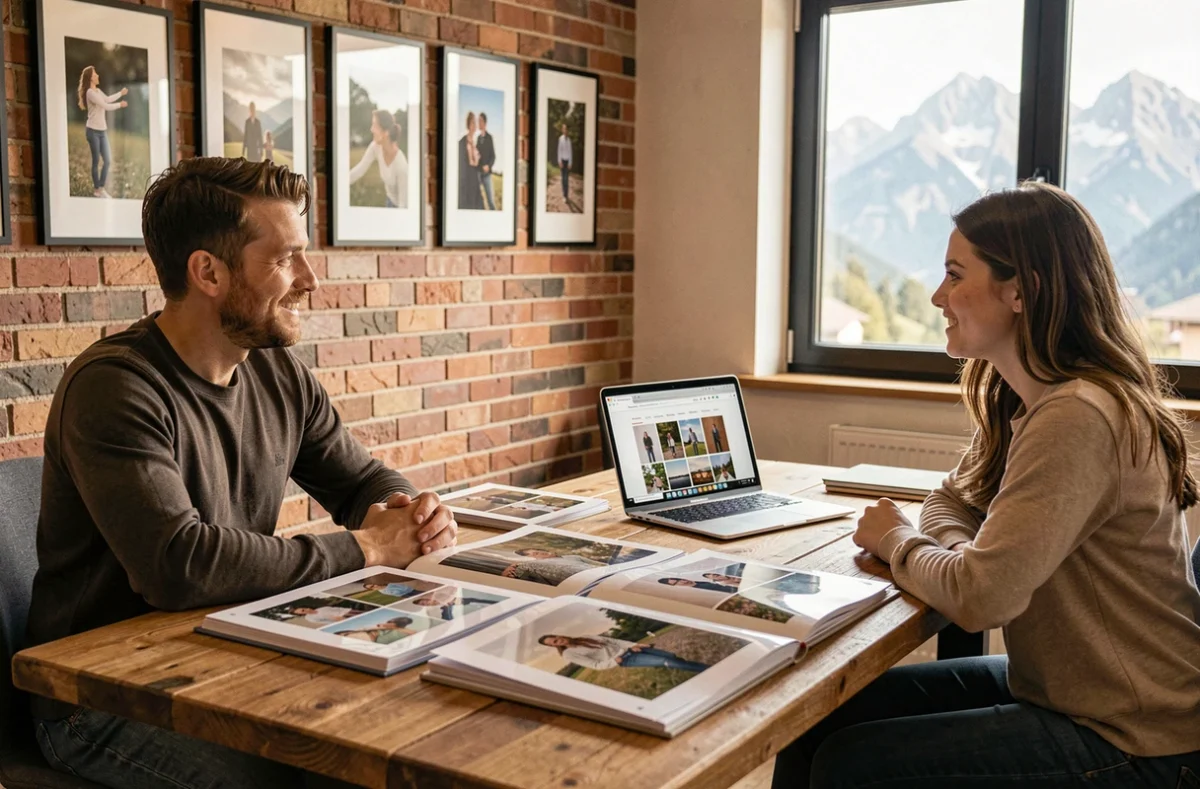 Consultation tarifaire entre un photographe et ses clients dans un bureau à Gap