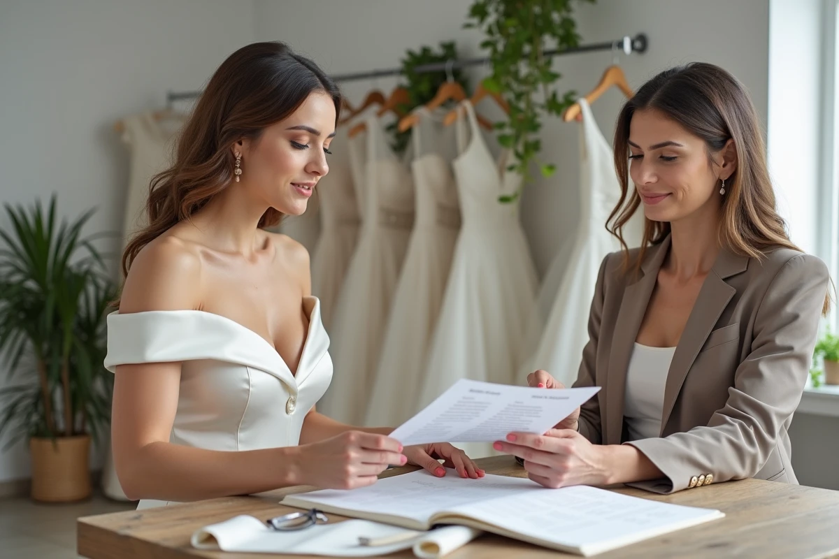 Future mariée consultant une liste de prix avec une conseillère nuptiale dans un salon de mariage moderne
