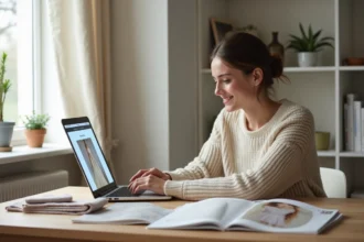 Jeune femme consultant un site de robes de mariage pas cher sur son ordinateur portable à la maison, entourée de magazines de mariage et d'échantillons de tissu